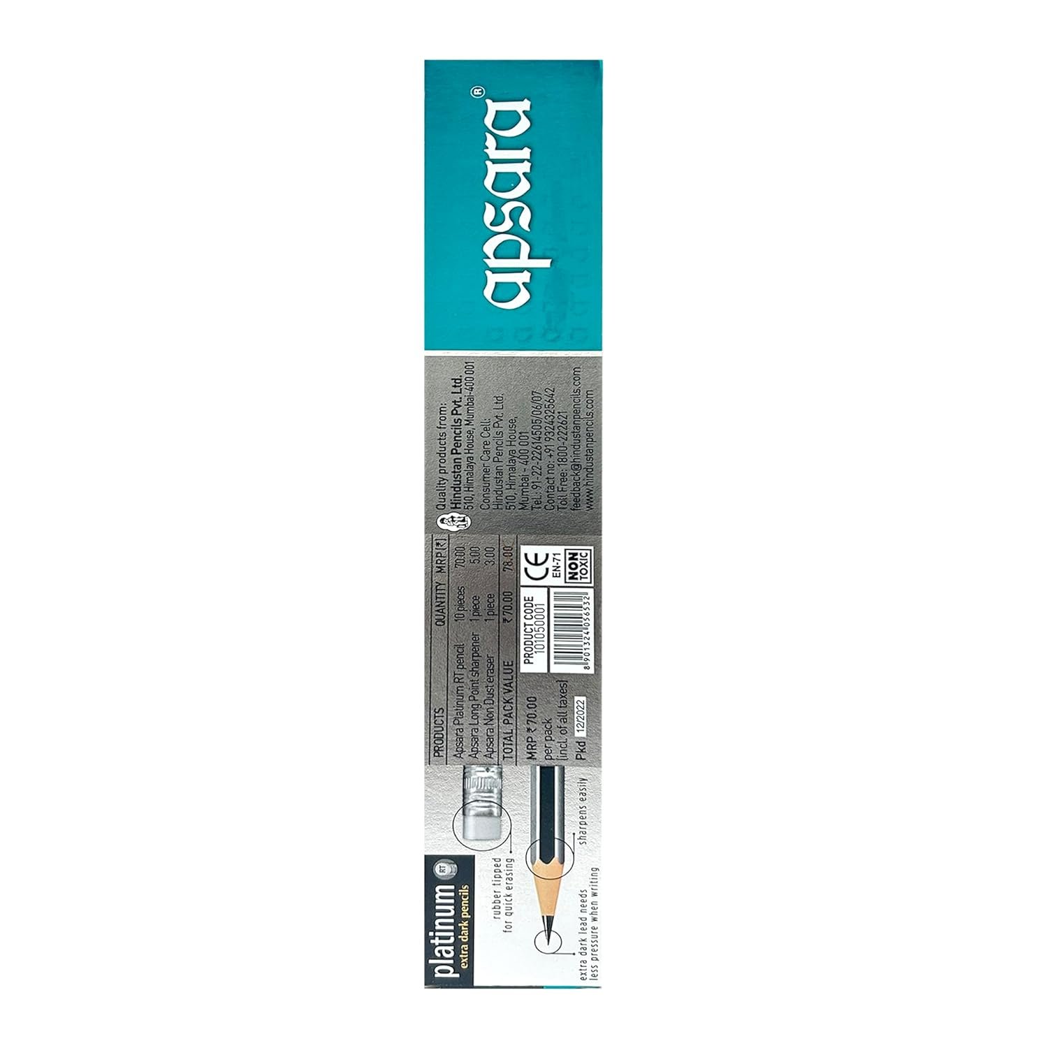 Apsara Platinum Pencils Rubber Tip, Hexagonal Body for Strong Grip, Extra Dark & Easy Sharpening, Good Handwriting, Soft Wood for Easy Sharpening, Free Sharpener & Eraser (Pack of 10 Pencils)