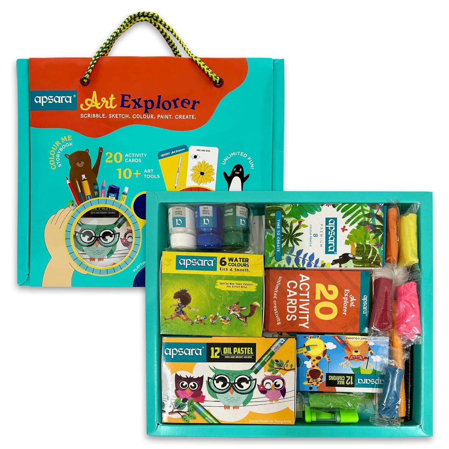 Apsara Art Explorer Kit, 20 Activity Cards for Creativity, Color Pencils, 12 Oil Pastel Colors, 12 Wax Crayons Colors, 1 Color Me Book, for 3-7 Ages Children, Fun Kit for Children, Ideal for Gifting